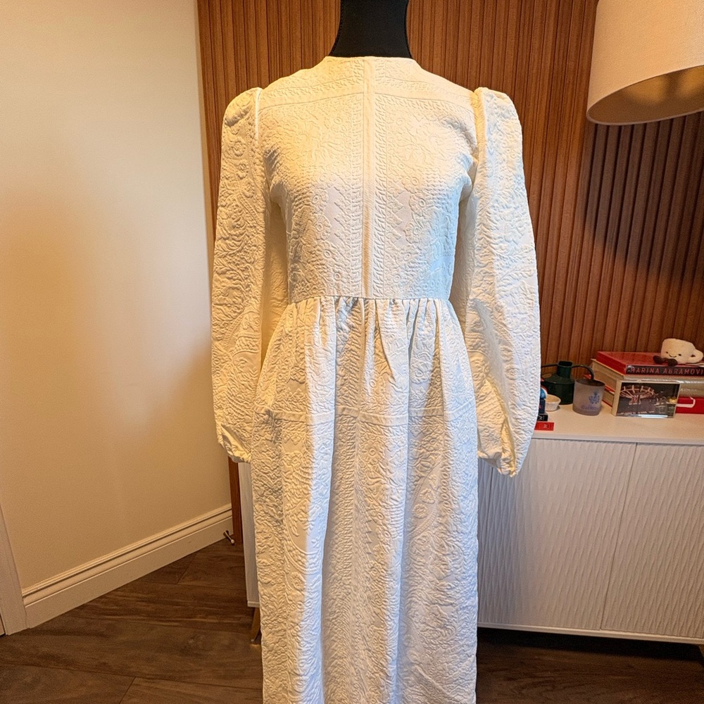 Valentino White Textured Long Sleeve Dress